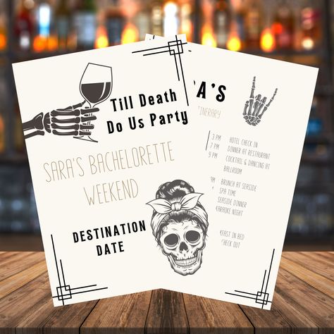 Rock And Roll Skeleton, Bachelor Party Themes, Black Bachelorette Party, Summer Bachelorette Party, Skeleton Theme, Bachelorette Invite, Dark Wedding Theme, Bachelorette Planning, Unique Party Themes