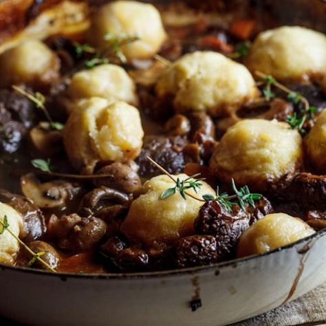 This slow-cooked beef shin stew is rich and flavourful. It is the perfect comfort food recipe served with fluffy Parmesan dumplings. Parmesan Dumplings, Beef Shin, Slow Cooked Beef, Think Food, Simply Delicious, Slow Cooked, Beef Dishes, Beef Stew, Gumbo