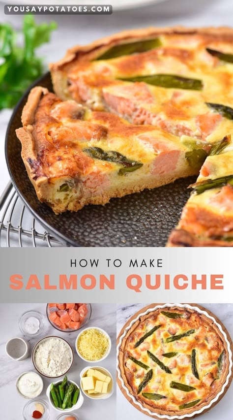 Quiche with a slice out, ingredients on a table, and the full baked salmon quiche. Seafood Quiche, Asparagus Quiche Recipes, Salmon Frittata, Tart Recipes Savory, Salmon Pie, Salmon Quiche, Salmon Asparagus, Asparagus Quiche, Fish Rice