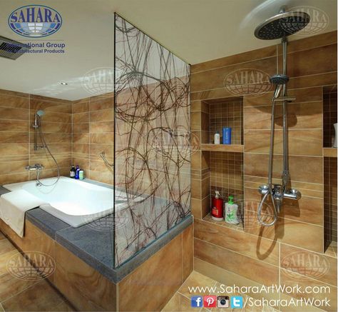 Laminated glass used as a shower partition to add an artistic touch to your bathrooms! Shower Partition, Glass Partition, Laminated Glass, Corner Bathtub, Office Design, Laminate, Bathrooms, Shower, Energy