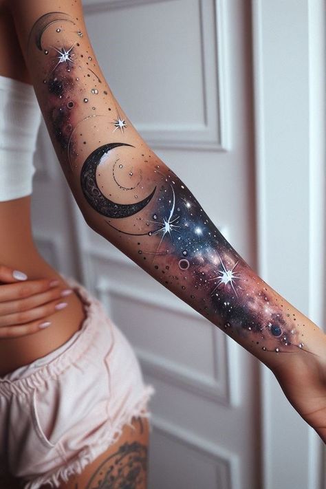 Galactic nymphs with inked wings—because ordinary fairies are so last millennium. Galaxy Tree Tattoo, Night Sky Constellation Tattoo, Colored Leg Sleeve Tattoo Women, Galaxy Hand Tattoos For Women, Black And Gray Galaxy Tattoo, Galaxy Tattoo Men, Watercolor Constellation Tattoo, Tattoos That Look Glittery, Small Cosmic Tattoo