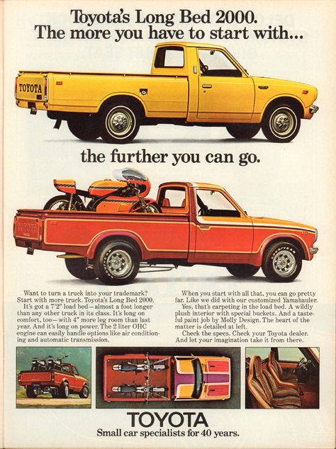 https://flic.kr/p/WDZViN | 1974 Toyota Long Bed 2000 Pickup Truck Advertisement Motor Trend August 1974 | 1974 Toyota Long Bed 2000 Pickup Truck Advertisement Motor Trend August 1974 Long Bed, Automotive Marketing, Toyota Pickup, Toyota Trucks, 11x14 Frame, Car Advertising, Mini Trucks, Toyota Cars, Car Ads