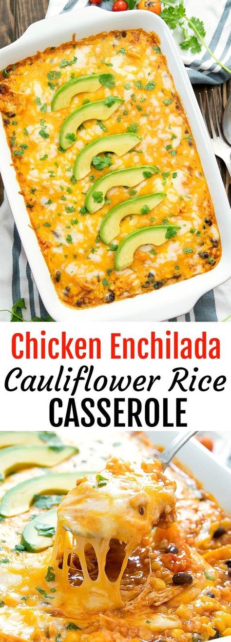 Dinners With Cauliflower Rice, Cauliflowered Rice Recipes, Costco Cauliflower Rice Recipes, Cauliflower Rice Enchilada Casserole, Cauliflower Enchiladas, Chicken Enchilada Rice Casserole, Enchilada Rice Casserole, Chicken Enchilada Rice, Chicken Cauliflower Rice