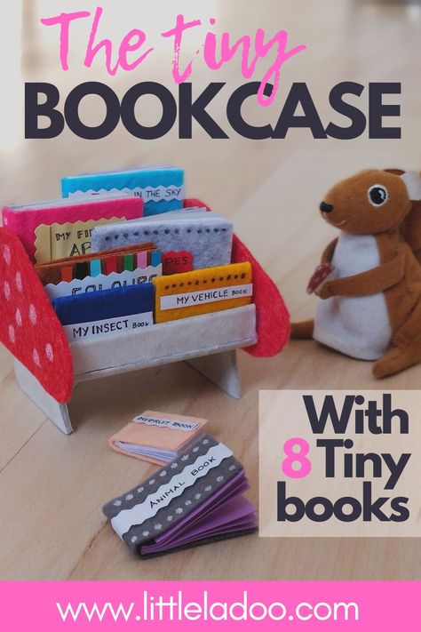 Small book case with 8 tiny books made of cardboard Display Bookshelf, Fairy Garden Containers, Tiny Books, Reading Nook Kids, Books For Toddlers, Doll Miniatures, Bookcase Diy, Tiny Mushroom, Dollhouse Books