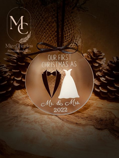 Mr & Mrs Christmas Ornament, Diy Wedding Ornaments First Christmas, First Christmas Ornament Married, Mr And Mrs Christmas Ornament, Couple Christmas Ornaments Diy, 1st Christmas Married Ornament, First Christmas As Mr And Mrs Ornament, Wedding Ornament Diy, Diy Wedding Ornaments