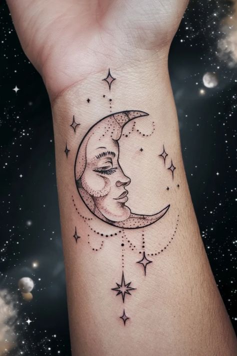 Tattoo of a crescent moon with a face, surrounded by stars on a forearm. Women Tattoo Inspiration, Feather Tattoo Wrist, Arrow Tattoo On Wrist, Small Wrist Tattoo, Tattoo Ideas For Females, Wrist Tattoo Ideas, Delicate Tattoo, Small Wrist Tattoos, Wrist Tattoos For Women