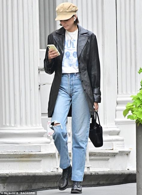 Engrossed: The beauty wore a mid-length black leather trench coat, light wash jeans with a... Leather Coat Outfit, Queen Tee, Trench Coat Outfit, Streets Of New York, Black Leather Coat, Leather Jacket Outfits, The Big Apple, Kaia Gerber, October 23