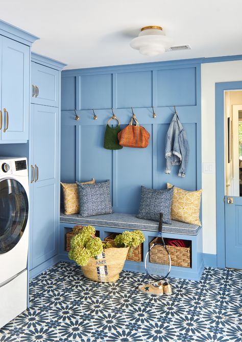 Anatomy of a Mudroom - Amanda Reynal Interiors Color Laundry Room Ideas, Paint Color Laundry Room, Laundry Room Paint Color Ideas, Color Laundry Room, Light Blue Laundry Room, Lake House Laundry Room, Laundry Room Paint Colors, Blue Laundry Room, Utility Room Decor