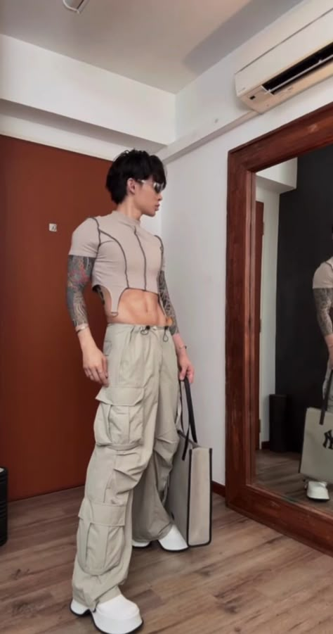 Men with crop top | men outfit | cargo pants | pastel color men outfit ideas | tiktok outfit Mesh Male Outfit, Men’s Mesh Top Outfit, Men Crop Top Outfit Aesthetic, Tiktok Outfits Men, Men’s Crop Top Outfit, Hot Outfits Men, Tight Clothes Outfits Men, Men In Crop Tops Aesthetic, Man In Crop Top