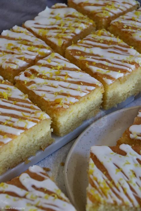 Lemon Drizzle Traybake! - Jane's Patisserie Juice Decoration, Valentine Baking Recipes, Baking Recipes Uk, Lemon Drizzle Traybake, Traybake Cake, Dairy Free Chocolate Cake, Janes Patisserie, Lemon Pound Cake Recipe, Chocolate Drip Cake