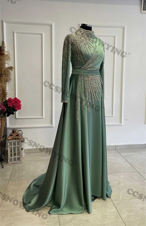 Satin Appliques Hijab Muslim Evening Dresses Long Sleeve Islamic Formal Party Gowns Women Arabic Beaded Hijab, Evening Dresses Long Sleeve, Arabic Kaftan, Women Robes, Dubai Women, Muslim Evening Dresses, Long Sleeve Evening Dresses, Party Gown, Party Gowns