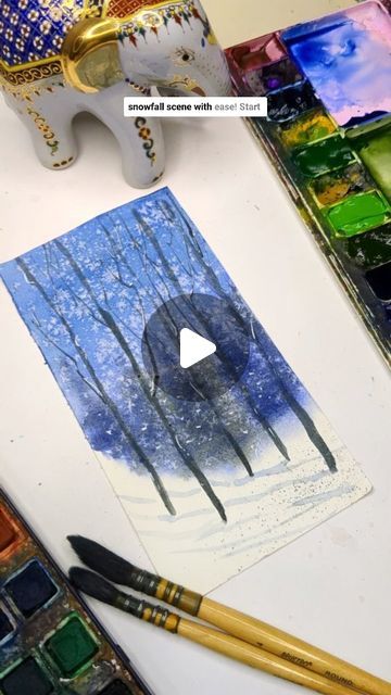 Watercolor Snow Scenes Easy, How To Paint Snow In Watercolor, Watercolour Winter Landscape, Watercolor Winter Scenes Tutorials, Painted Winter Scenes, Watercolor Leaves Painting, Winter Watercolor Art, Winter Watercolor Tutorials, Winter Watercolor Simple