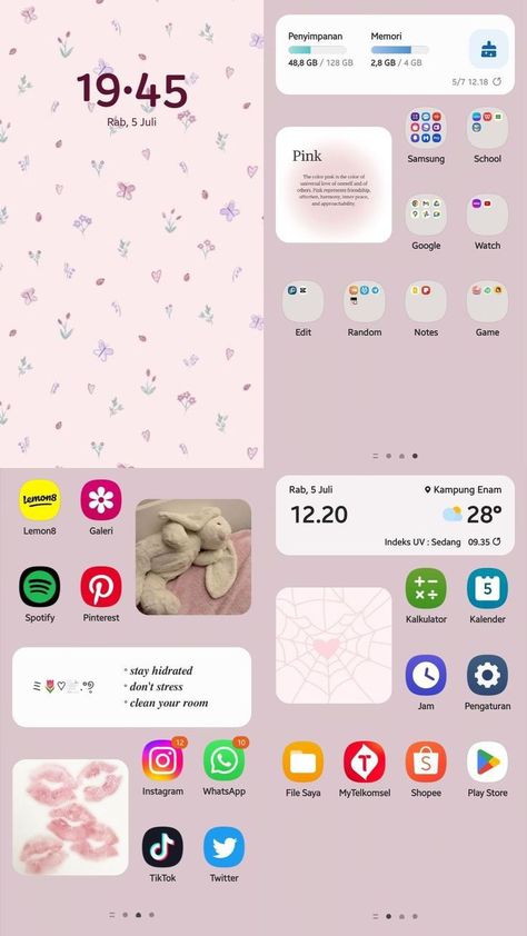 Beranda Hp, Samsung Home Screen Ideas, Lockscreen Widget Ideas, Samsung Homescreen Layout Ideas, Samsung Pink, Android Widgets, Samsung Galaxy Wallpaper Android, Samsung Home, Cute Backgrounds For Iphone