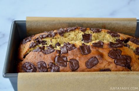 Olive Oil Banana Bread | Just a Taste Chocolate Chip Banana, Amazing Desserts, Chocolate Chip Banana Bread, Peanut Butter Chocolate Chip, Peanut Butter Chocolate, Banana Chocolate Chip, Think Food, Butter Chocolate, Food Is Fuel