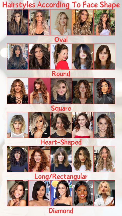 A visual guide showcasing various hairstyles suited for different face shapes, including oval, round, square, and heart-shaped faces. Each hairstyle is designed to enhance facial features and provide inspiration for a new look. Hairstyles And Face Shape, How To Find Out Your Face Shape, Hairstyles For Your Face Shape, Perfect Haircut For Oval Face, Heart Shaped Face Haircuts Long, Best Hairstyle For Heart Shaped Face, Haircut Style For Oval Face, Head Shapes Hairstyles, Face Shape Guide Hairstyles