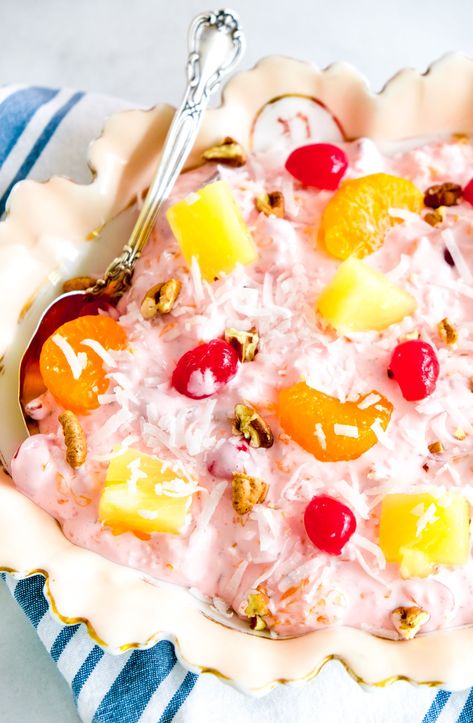 Pink Ambrosia Fluff Salad — Petite Southern Kitchen Pink Salad Recipe, Fluff Fruit Salad, Ambrosia Recipe, Ambrosia Fruit Salad, Fluff Salad, Gluten Free Sides, Fall Desserts Easy, Southern Kitchens, Southern Kitchen