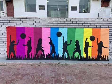 School Sports Day Decoration, Sports Day Board Decoration, Annual Day Decoration For School, Gym Murals, Sports Backdrop, Sports Day Decoration, Sports Day Poster, Olympic Theme Party, School Sports Day