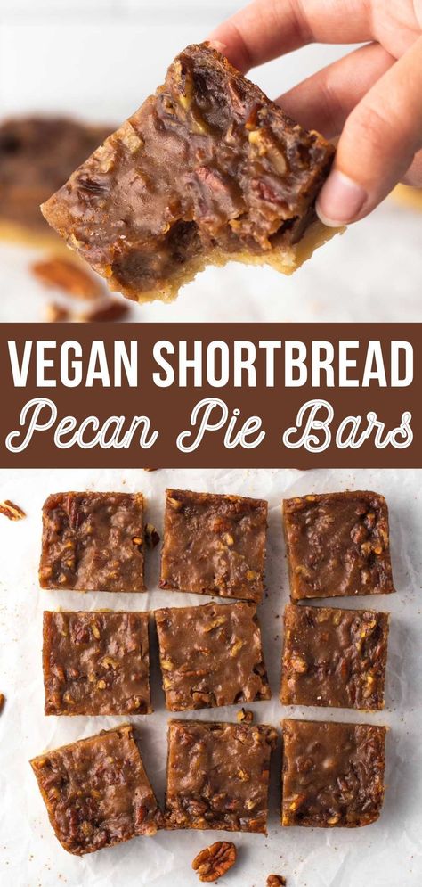 These decadent Vegan Pecan Pie Bars taste like homemade pecan pie, but are quick and easy to make with coconut milk, maple syrup, dairy-free butter and buttery pecans. These dairy-free bars are loved by all ages and no one will notice they’re vegan! Vegan Squares And Bars Recipes, Vegan Pecan Recipes, Vegan Coconut Bars, Vegan Bar Recipes, Vegan Pecan Cookies, Vegan Desserts Thanksgiving, Vegan Pecan Pie Cookies, Vegan Fall Snacks, Easy Vegan Thanksgiving Dessert