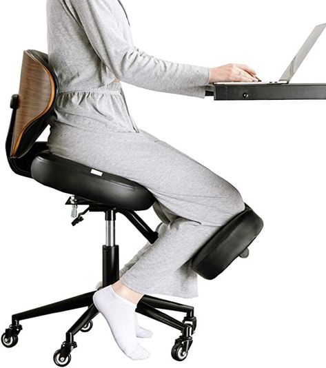 YOOMEMM Kneeling Chair,Ergonomic for Office with Wood Back Support,Walnut Finish,Height and Angle Adjustable to Reduce Back Pain,Upright Sitting Posture, Thick Comfortable Cushions, Black Smart Chair, Ergonomic Stool, Ergonomic Kneeling Chair, Wooden Desk Chairs, Kneeling Chair, Chair Design Wooden, Black Home Office, Balance Ball, Best Office Chair