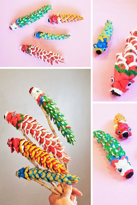 Koinobori Pine Cone Craft | Make Koinobori (Japanese Carp Streamers) from pine cones! Fun craft for kids! Japan Diy Craft, Asian Crafts For Kids, Koinobori Craft, Japanese Crafts Traditional, Japan Crafts For Kids, Japanese Crafts For Kids, Pine Cone Craft, Japanese Celebrations, Kites Craft