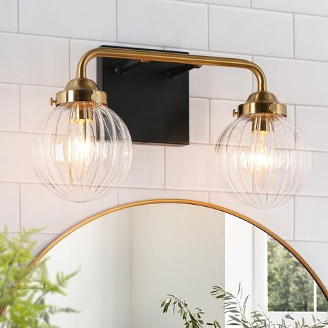 Modern 2-Light Black Gold Bathroom Vanity Light Ribbed Glass Wall Sconce - L 14" x W 6.5" x H 8" - Bed Bath & Beyond - 35848586 Black Gold Bathroom, Gold Bathroom Vanity, Black And Gold Bathroom, Vanity Lights Bathroom, Gold Fixtures, Welcome To My House, Bathroom Vanity Light, Gold Bathroom, Ribbed Glass