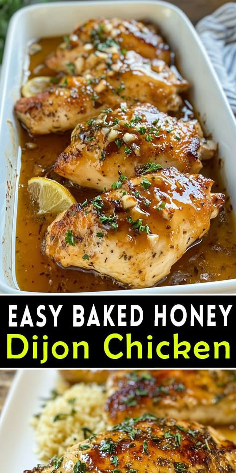 🌟 Dinner made easy! This Baked Honey Dijon Chicken is the perfect mix of sweet and savory. Ready in just 30 minutes and perfect for busy nights! ⏱️ #QuickMeals #EasyChickenRecipes #HealthyLiving Baked Chicken Seasoning Recipes, Baked Honey Chicken Recipes, Honey Chicken Recipe Easy Baked, Chicken Recipes For Dinner Easy Oven Baked, Cheddars Honey Dijon Chicken, Batch Chicken Recipes, Dijon Chicken And Potatoes, Honey Dijon Chicken Thighs, Baked Honey Dijon Chicken