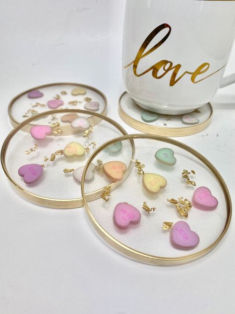 Valentine Resin, Diy Resin Coasters, Valentines Coasters, Abstract Resin Art, Gold Flake, Tutorial Ideas, Resin Coaster, Conversation Hearts, Resin Ideas