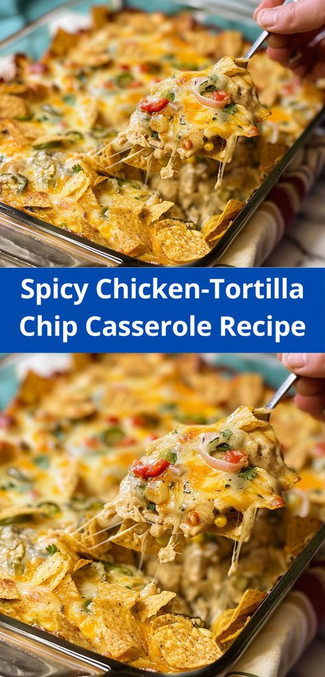 Tasty spicy chicken-tortilla chip casserole. Quick and easy to make! Taco Casserole With Tortillas, Tortilla Casserole Recipes, Chicken Tortilla Bake, Mexican Tortilla Casserole, Chicken Tortilla Casserole, Chicken Taco Casserole, Tortilla Casserole, Tortilla Chip Recipe, Mexican Chicken Casserole