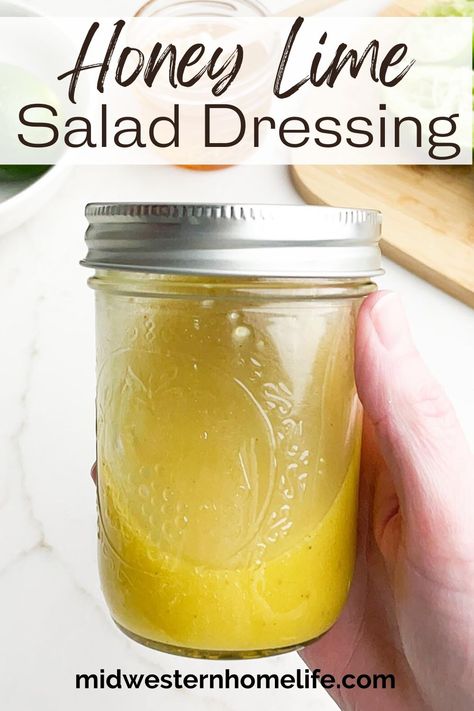 This super easy recipe for honey lime salad dressing shakes together with just 5 simple ingredients in about 5 minutes. So easy and incredibly delicious on strawberry goat cheese salad with candied walnuts. Honey Lime Salad Dressing, Honey Lime Dressing Recipe, Strawberry Goat Cheese Salad, Honey Salad Dressing, Strawberry Goat Cheese, Lime Salad Dressing, Honey Lime Vinaigrette, Delicious Sauces, Lime Salad