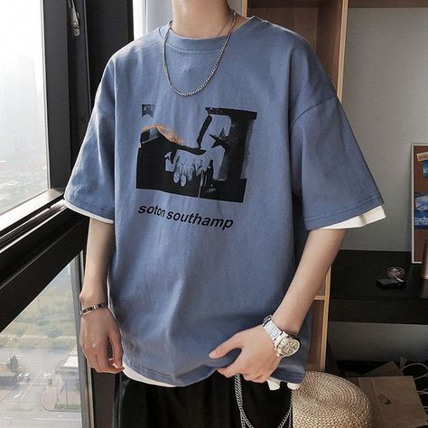 New Abstract Pattern Printing Men's Round Neck Short-sleeved T-shirt Loose Youth Fashion Casual Shirt Abstract Pattern, Round Neck, Pattern, T Shirt, Blue