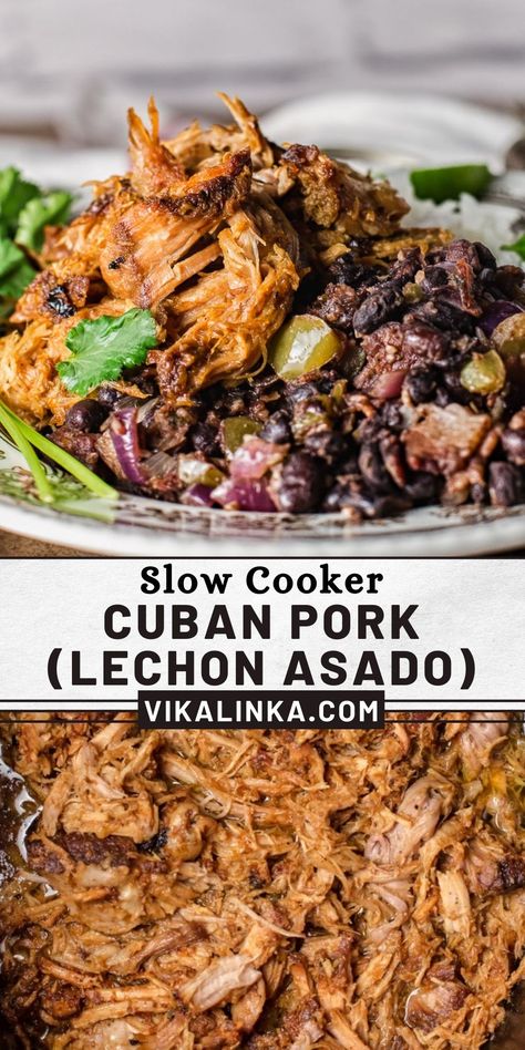 Throw everything in the pot, then come home to the most delicious slow cooker Cuban Pork aka Lechon Asado. The recipe for the best marinade and beans included. Low effort, maximum satisfaction. Cuban Pork Mojo, Cuban Roast Pork (lechon Asado), Slow Cooker Pollo Asado, Cuban Pot Roast, Slow Cooker Pulled Pork Cuban Sandwiches, Cuban Pork Marinade, Latin Pork Recipes, Cuban Lechon Asado, Cuban Pulled Pork Instant Pot