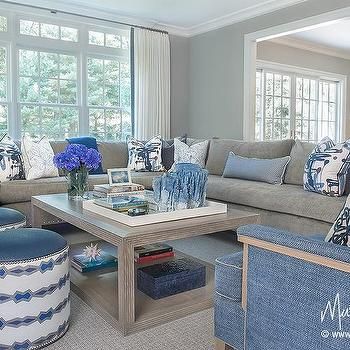 Gray Sectional with Blue Accents Blue Transitional Living Room, Living Room Ideas Blue, Blue And Gray Living Room, Navy Blue And Grey Living Room, Indigo Sofa, Gray Couches, Grey Living Room Decor, Room Ideas Blue, Blue Paint Living Room