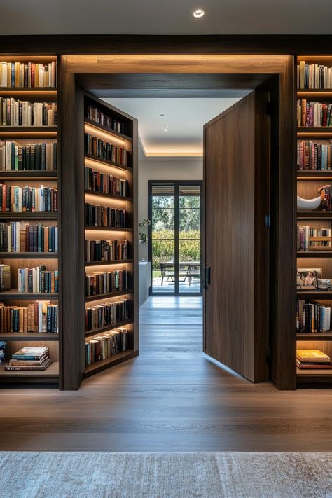 Bookcase door leading to a library in a modern mansion. Discover sleek, stylish modern house mansions that blend luxury with innovative design to inspire your dream home. Library In House Modern, Library Room Modern Luxury, In House Library Aesthetic, Mansion Ideas Interiors, Contemporary Home Library, Aesthetic Room Library, Dream Home Office Luxury, Home Library Design Ideas Bookcases, Luxury Library Design