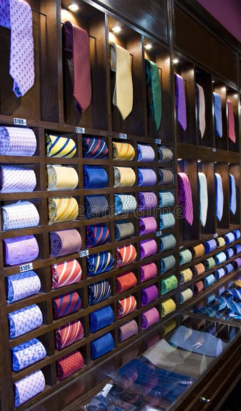 Necktie shelf stock photo. Image of garments, colors, multicolored - 5707410 How To Store Ties, Store Shelves Design, Clothing Store Displays, Suit Stores, Retail Store Interior Design, Clothing Store Interior, Clothing Store Design, Retail Interior Design, Luxury Closets Design