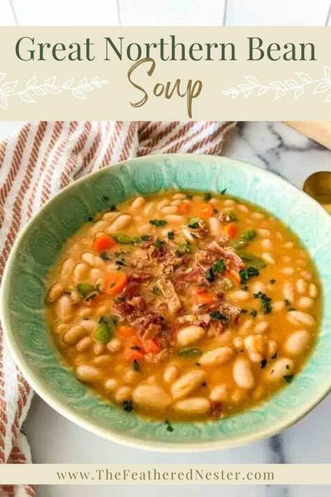 A bowl of great northern beans soup Great Northern Beans Soup, Northern Beans Soup, Recipes With Northern Beans, Recipe For Great Northern Beans, Great Northern Bean Soup, Northern Bean Soup, Bean Soup Crockpot, Beans Recipe Crockpot, Beans In Crockpot