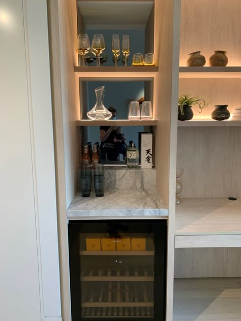 Wine Fridge Nook, Wine Fridge Living Room, Wet Bar Closet, Built In Mini Bar, Wine Closet Ideas Small Spaces, Minibar Kitchen, Dining Room Cabinets Built In, Concealed Bar, Bar Closet