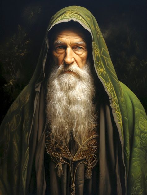 Old Wise Man Character, Fantasy Mentor Aesthetic, Old Wizard Art, Wizard Dnd, Old Man With Beard, Green Wizard, Mists Of Avalon, Celtic Druids, Artsy Photography