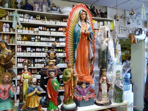 botanicas Mexican Witch Aesthetic, Botanica Store, Mexican Witchcraft, Mexican Brujeria Aesthetic, Virgin Mary Garden Shrine, There's Something About Mary, Mexican Shrine Boxes, Catholic Altar, Chicano Love