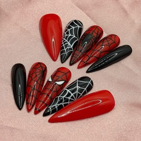 Spiderman Nails Easy, Spiderman Themed Nails, Nail Spider Man, Nail Designs Spiderman, Spiderman Acrylic Nails, Spiderman Nail Designs, Miles Morales Nails, Spiderman Nails Designs, Venom Nails