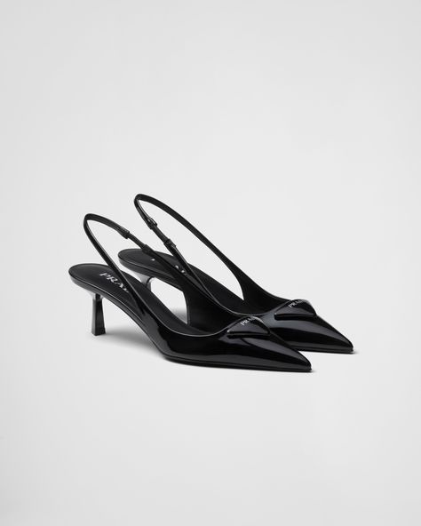 Black Patent Leather Slingback Pumps | PRADA Prada Heels Outfit, Black Designer Heels, Prada Slingback Pumps, Prada Kitten Heels, Prada Slingback, Shoes Room, La Outfit, Prada Pumps, Prada Heels