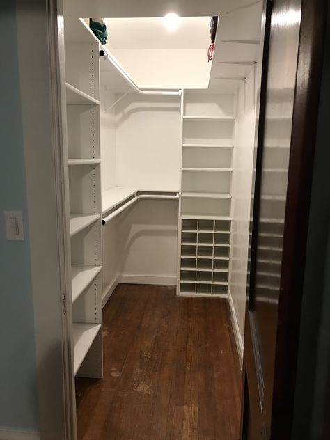 Shelves and hanging space for narrow closet Closet Organization Ideas Long Narrow, Small Long Closet Organization, Closet Designs Long Narrow, Narrow Hanging Wardrobe, Tall Narrow Closet Organization, Small Long Closet Ideas, Long Narrow Walk In Closet Layout, Narrow Walking Closet, Shallow Walk In Closet