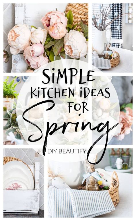 I'm sharing some simple Spring kitchen decorating ideas, including a coffee bar and ideas for decorating that awkward spot behind a corner sink in this Spring kitchen tour. Decor In Kitchen, Clean House Smell, Easter Kitchen Decor, Wall Cubbies, Spring Kitchen Decor, Sink Decor, Above Kitchen Cabinets, Spring Kitchen, Kitchen Tour