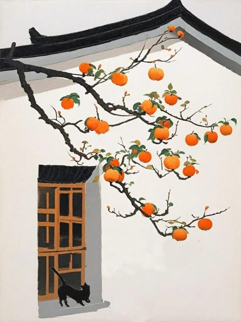 Persimmon Tree, Flower Meadows, Color Paints, Watercolour Flower, Japanese Watercolor, Large Paintings, Chinese Brush Painting, Chinese Brush, Chinese Ink