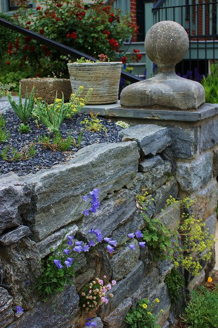 Stone wall with alpine planting Stone Wall With Plants, Stone And Wood Garden Wall, Natural Stone Garden Wall, Stone Wall Planting, Old Stone Wall Garden, Drystone Walling Gardens, Brick Stairs, Stone Walls Garden, Tuscan Garden