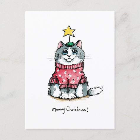 Red Christmas Jumper, Cat Magnets, Grey And White Cat, Illustration Cat, Christmas Magnet, Halloween Mummy, Watercolor Christmas Cards, Meowy Christmas, Cat Cards