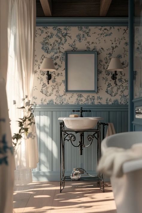 38 French Country Bathrooms That Embrace Classic Beauty | VIVA Blue French Country Bathroom, Vintage Sinks Bathroom, French Bathroom Decor Vintage, French Cottage Living Room, Vintage Sinks, Romantic Bathroom, French Bathroom Decor, French Country Bathrooms, Blue French Country