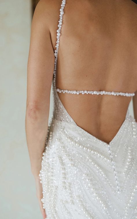 Not Fitted Wedding Dress, Embellished Spaghetti Strap Wedding Dress, Wedding Dress Straps Spaghetti, Mermaid Wedding Dress With Beading, Wedding Dresses Beach Wedding, Pearl Spaghetti Strap Wedding Dress, Pearl Wedding Dress Straps, Crisp Wedding Dress, Fitted Halter Wedding Dress