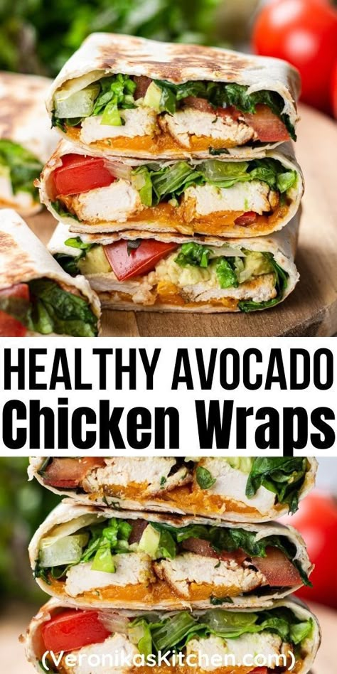 Wraps with chicken, lettuce, cheese, tomatoes, on top of each other. Chicken Wrap Recipes Healthy, Avocado Wraps, Chicken Avocado Wrap, Wraps Recipes Healthy, Chicken Wrap Recipes, Avocado Chicken, Healthy Wraps, Stuffed Avocado Healthy, Lunch Recipes Healthy