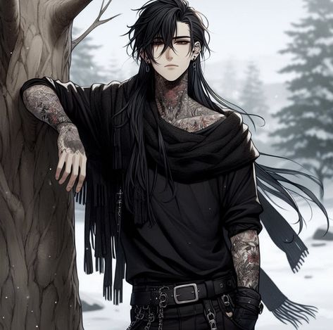 Zombie Apocalypse Oc Male Art, Zombie Apocalypse Character Design, Werewolf Oc Male Human, Werewolf Male Art, Black Hair Man Character Art, Male Character With Long Black Hair Art, Black Werewolf Art Male, Long Black Hair Vampire Male, Animated Man