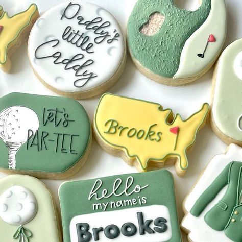 Samantha on Instagram: "Let’s Par-tee! ⛳️👶🏼 . . . . . . . #sugarcookies #decoratedsugarcookies #willowparkcookies #aledocookies #fortworthcookies #fortworth #golfbabycookies #golfcookies #masterscookies #babycookies #babyshowercookieset #babyshowercookies #rattlecookies #flowercookies #daddyslittlecaddycookies #daddyslittlecaddy" Golf Party Cookies, Golf Baby Shower Cookies, Masters Cookies, Felix Birthday, Golf Cookies, Golf Baby Showers, Babby Shower, Golf Baby, Par Tee